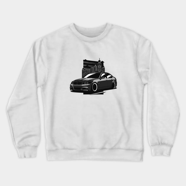 Black E90 Sedan City Skyline Crewneck Sweatshirt by KaroCars